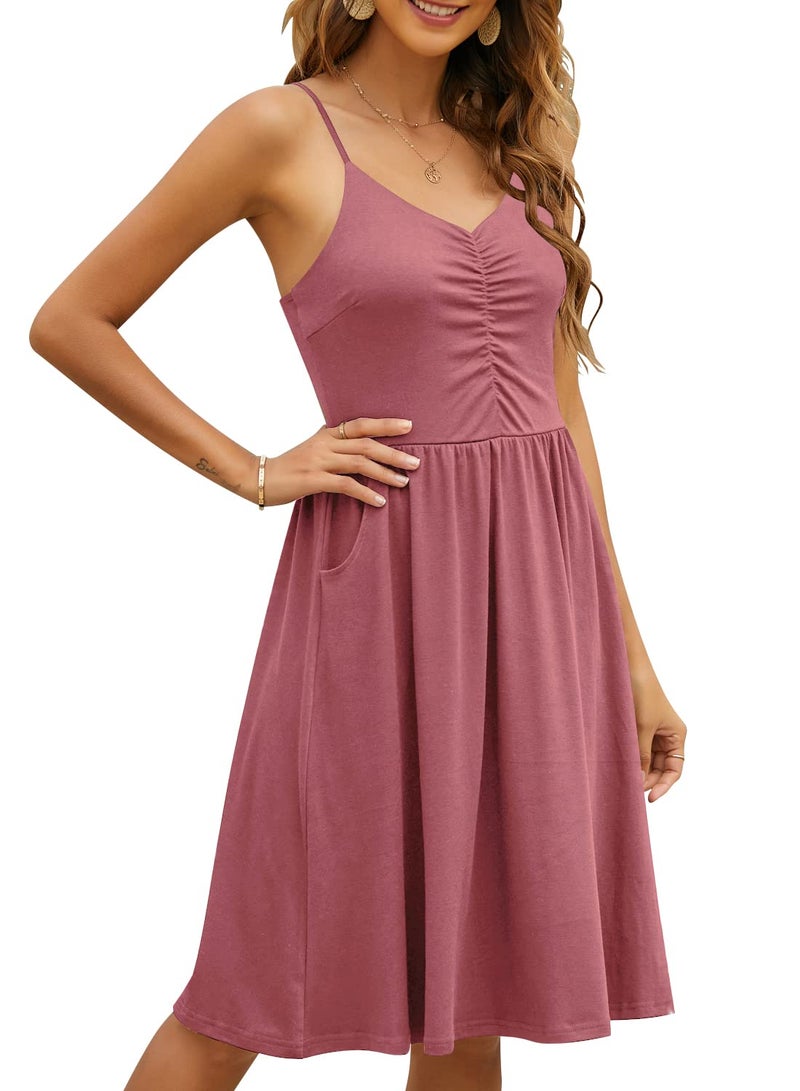 YATHON Casual Dresses for Women Sleeveless Cotton Summer Beach Dress A Line Spaghetti Strap Sundresses with Pockets 2024(L, YT090-Pink) - Image 3